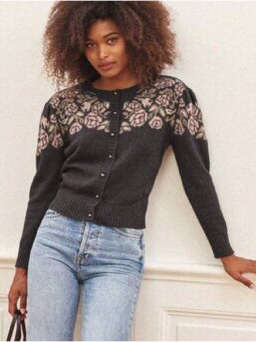 ROUJE Gray & Pink Floral Wool Cashmere Retro Robert Puff Sleeve Cardigan Sweater - Picture 13 of 13